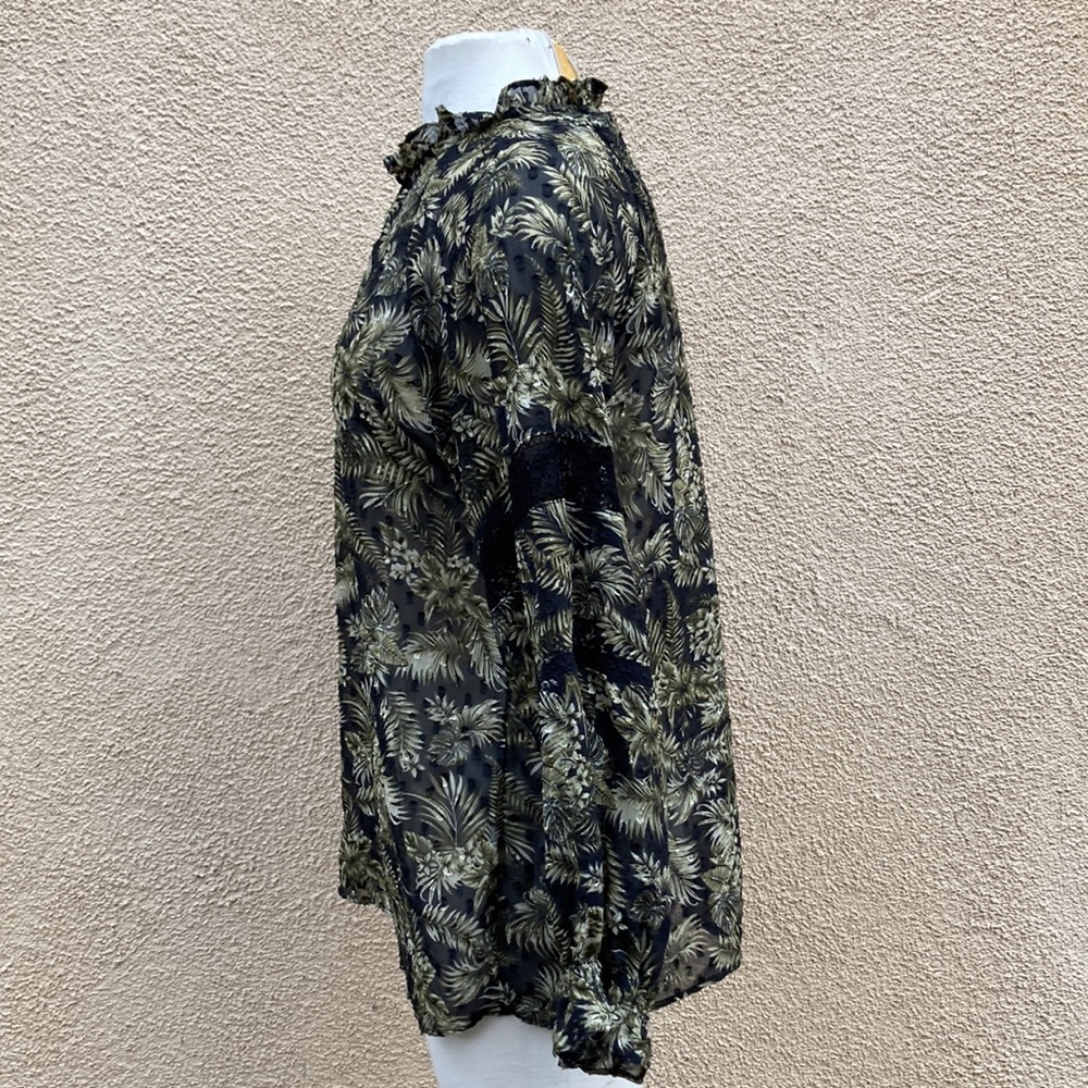 Zara Raised Velvet Sheer Crochet Bishop Sleeve Peasant Blouse Peek-a-Boo Yoke - Picture 8 of 9